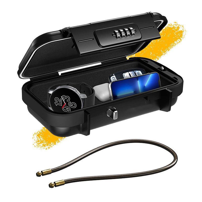 Open black portable safe showing space for a phone, watch and compact valuables