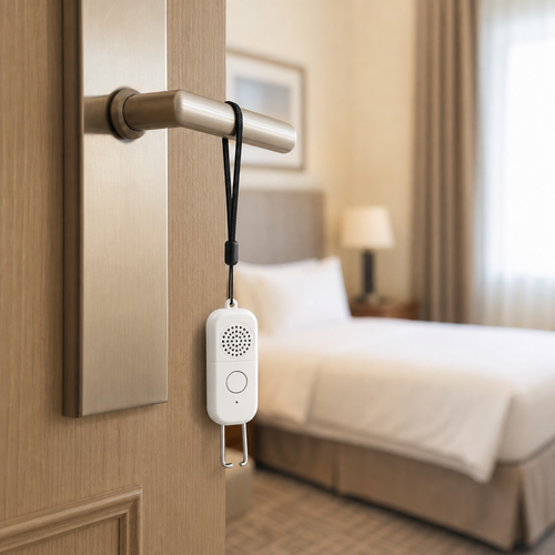 RestAssured portable door handle alarm hanging on hotel room door handle