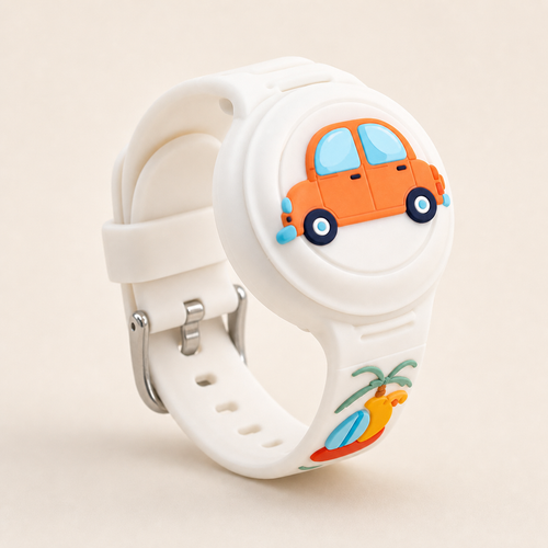 RestAssured Kids AirTag Wristband car design close up