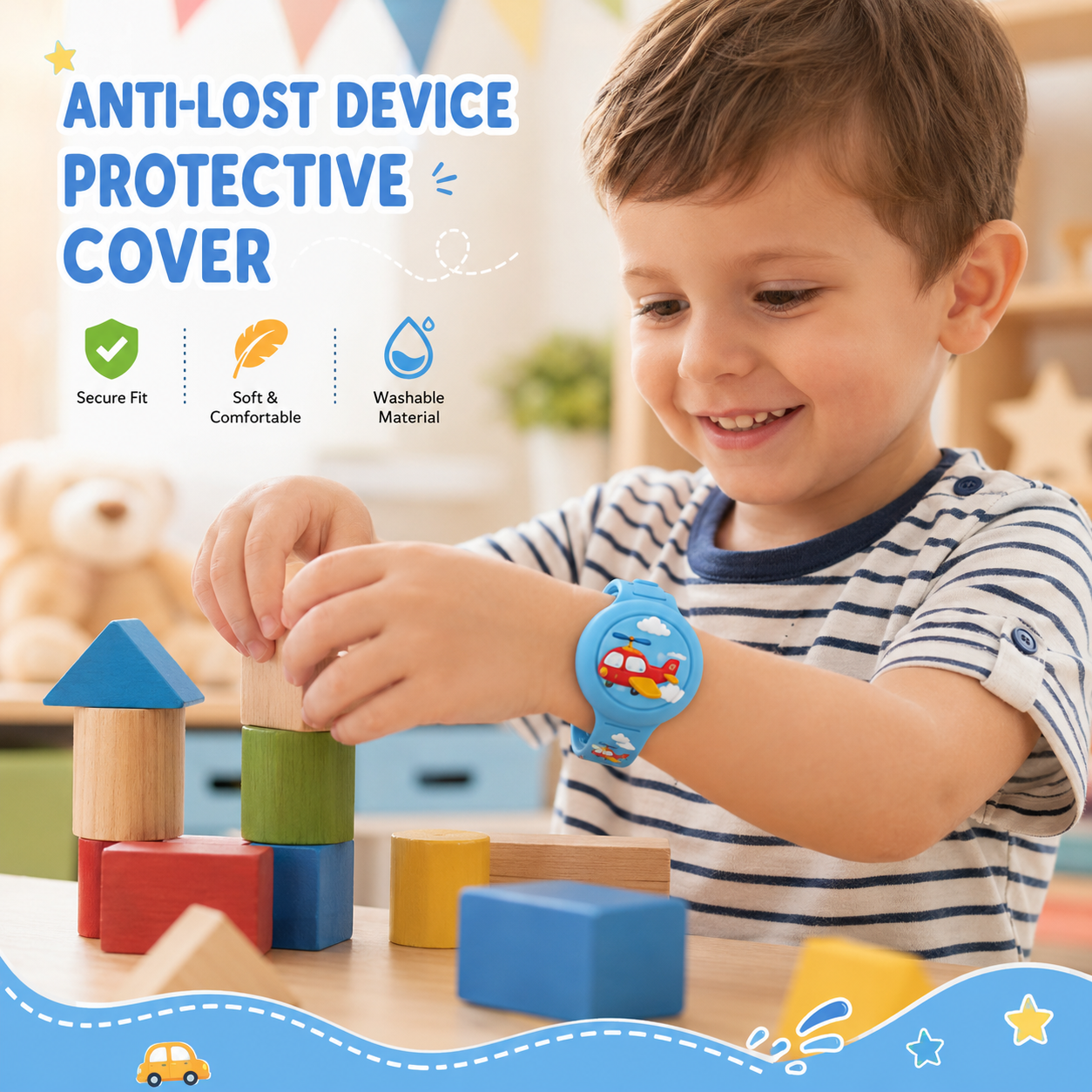RestAssured Kids AirTag Wristband blue design lifestyle photo