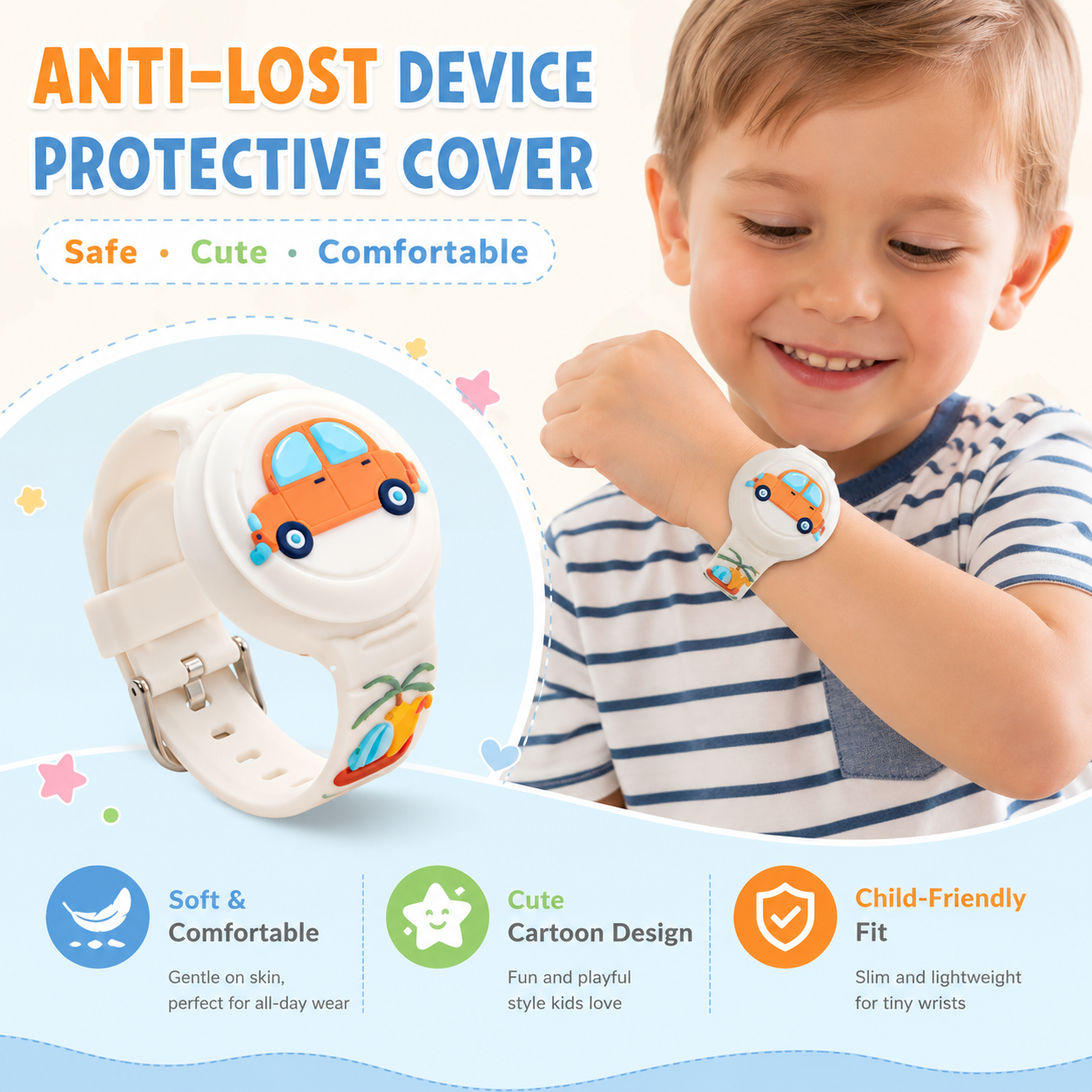RestAssured Kids AirTag Wristband white car design lifestyle photo