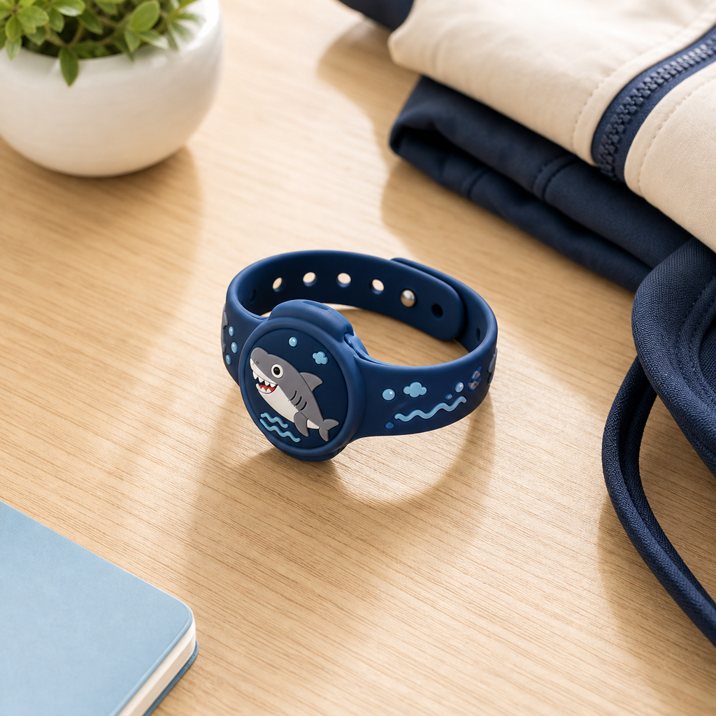 RestAssured Kids AirTag Wristband shark design clean lifestyle photo