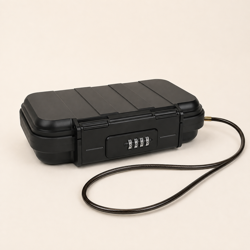 Black portable travel safe with four-digit combination lock and integrated security cable