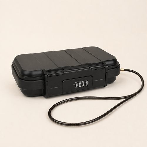 Black portable travel safe with four-digit combination lock and integrated security cable