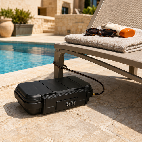 Black portable travel safe secured to a hotel pool lounger in Malta