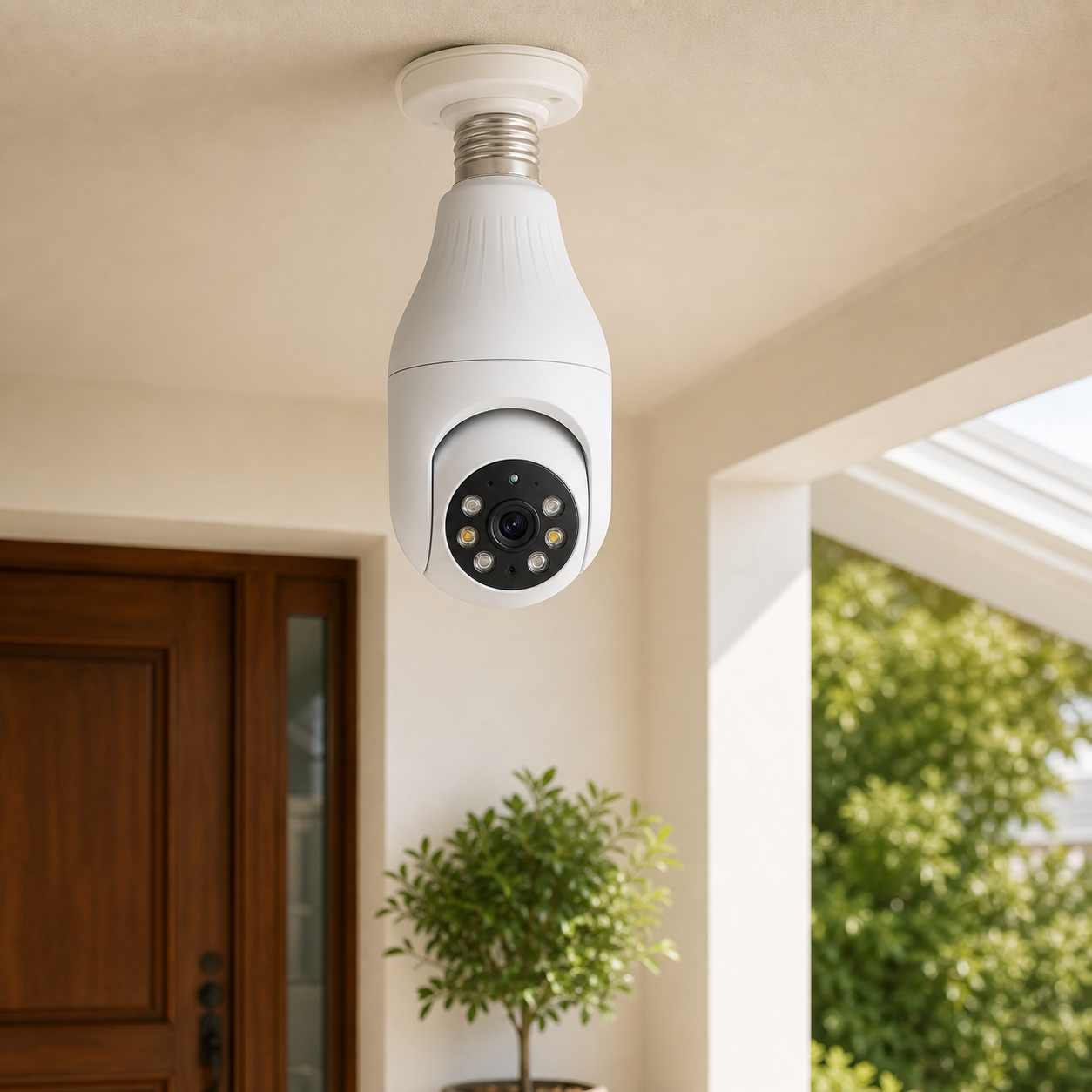 RestAssured Smart Bulb Security Camera installed at a home entrance