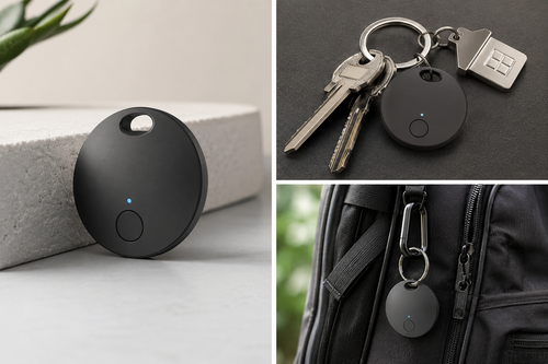 RestAssured Smart Tracking Tag black tracker lifestyle collage